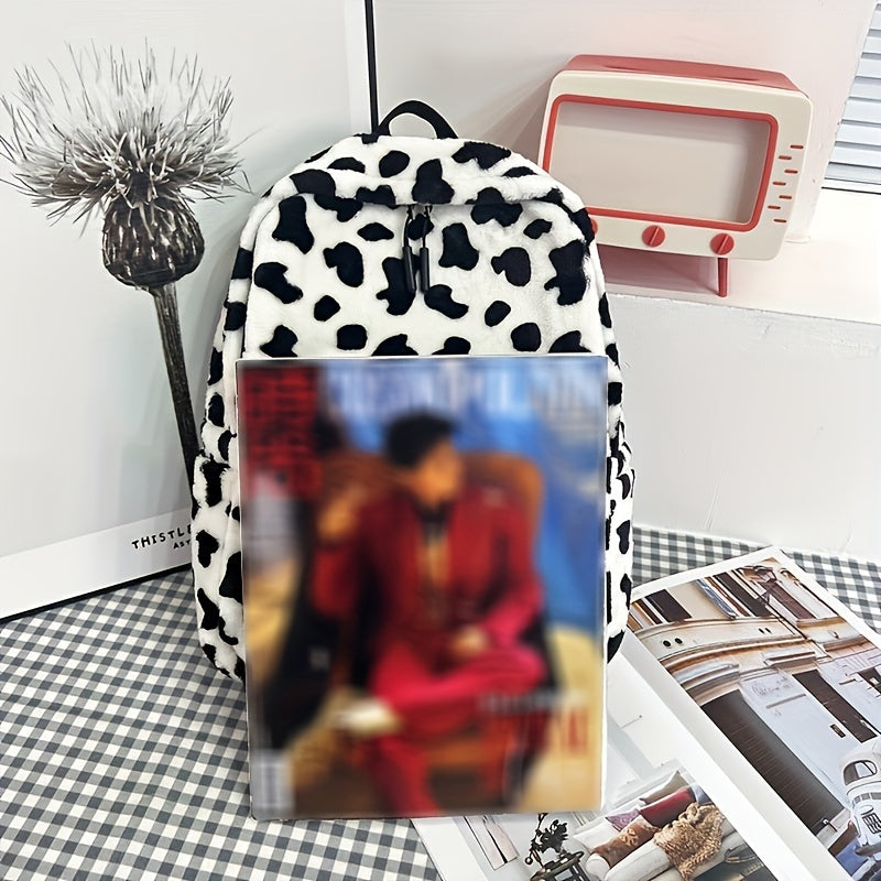 Women'S Cow Print Fleece Backpack, Korean Style Casual Shoulder Bag, Polyester Lining, Adjustable Straps, Zip Closure, Lightweight, Random Print, Versatile for School & Outings