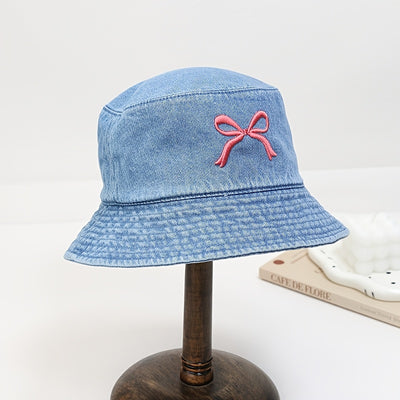 1pc - Korean Style Embroidered Bow Fisherman Hat for Spring And Summer Outings, Sun Protection, Denim Bucket Hat for Women, Casual And Versatile, Makes The Face Look Smaller.