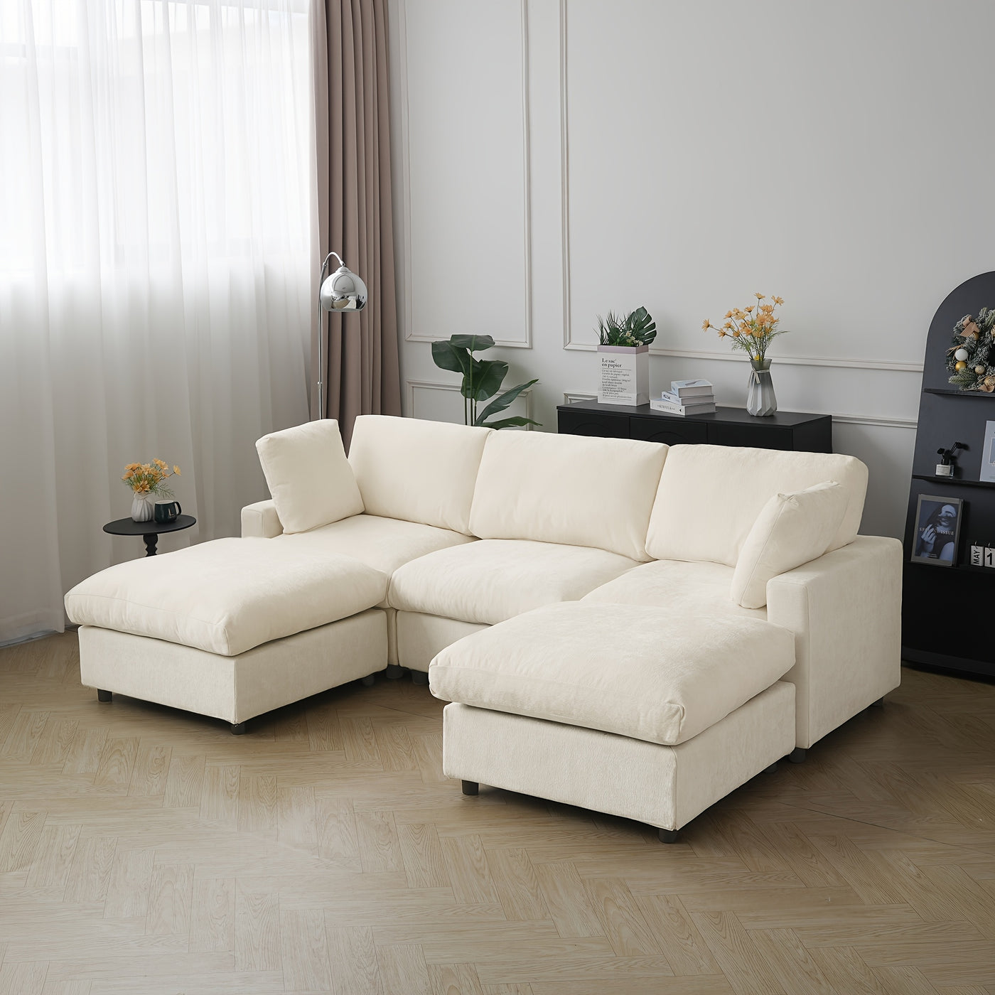 Modern U-Shaped Modular Sectional Sofa with Ottomans - Convertible L-Shaped or Straight Configurations, Washable Removable Cushions & Slipcovers, Plush Foam-Filled Cloud Design, Beige/Black Fabric Sofa for Large Living Rooms,