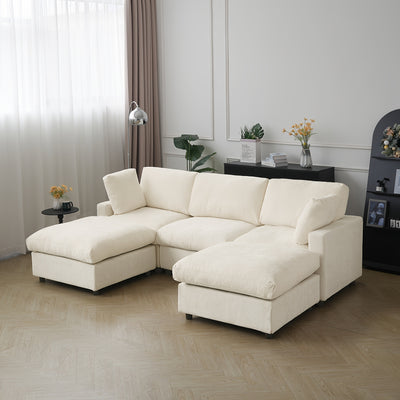 Modern U-Shaped Modular Sectional Sofa with Ottomans - Convertible L-Shaped or Straight Configurations, Washable Removable Cushions & Slipcovers, Plush Foam-Filled Cloud Design, Beige/Black Fabric Sofa for Large Living Rooms,