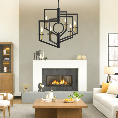 6-Light Black Chandelier for High Ceilings - Modern Adjustable Geometric Metal Fixture with Powder-Coated Finish, Semi-Flush Mount Entryway & Dining Room Lighting, E12 Bulb Compatible, No Assembly Required, Staircase Illumina