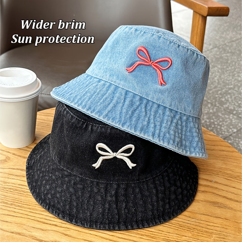 1pc - Korean Style Embroidered Bow Fisherman Hat for Spring And Summer Outings, Sun Protection, Denim Bucket Hat for Women, Casual And Versatile, Makes The Face Look Smaller.