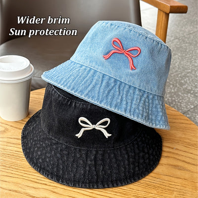 1pc - Korean Style Embroidered Bow Fisherman Hat for Spring And Summer Outings, Sun Protection, Denim Bucket Hat for Women, Casual And Versatile, Makes The Face Look Smaller.