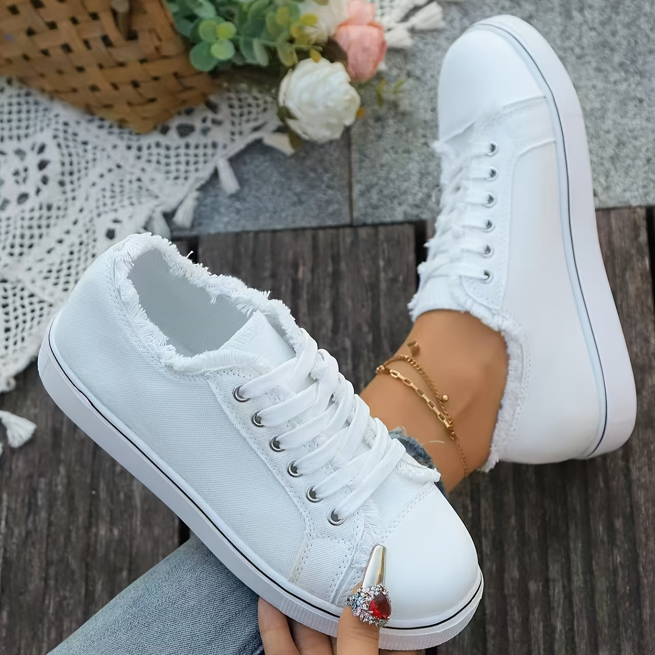 Women's Canvas Sneakers 2024, Korean Style, Casual Flat Lace-Up, Solid Color, All-Season, Round Toe, EVA Sole, Fabric Lining, Hand Wash Only, No Print, Versatile Footwear
