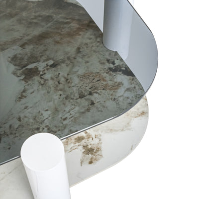 35.4 Inches Coffee Table, 2-layer Storage Space, Round Decorative Table, Rock Board And Glass Can Be Freely Matched, Suitable For Living Room, Bedroom, Small Space