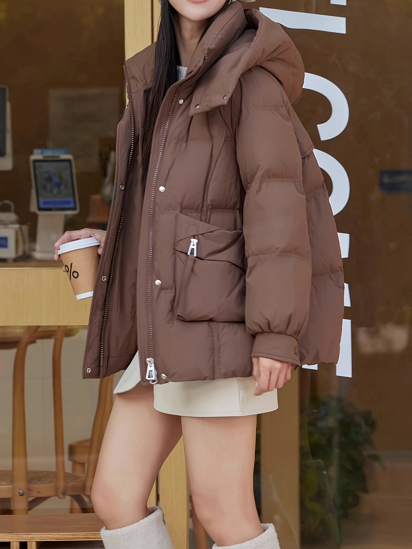 Women's Fashion Korean Style Mid-Length Puffer Coat, Thickened Warmth with Hood, Solid Color, Non-Stretch Polyester, Casual Loose Fit, Long Sleeve, Zipper Front, 180g Down, Winter Outerwear