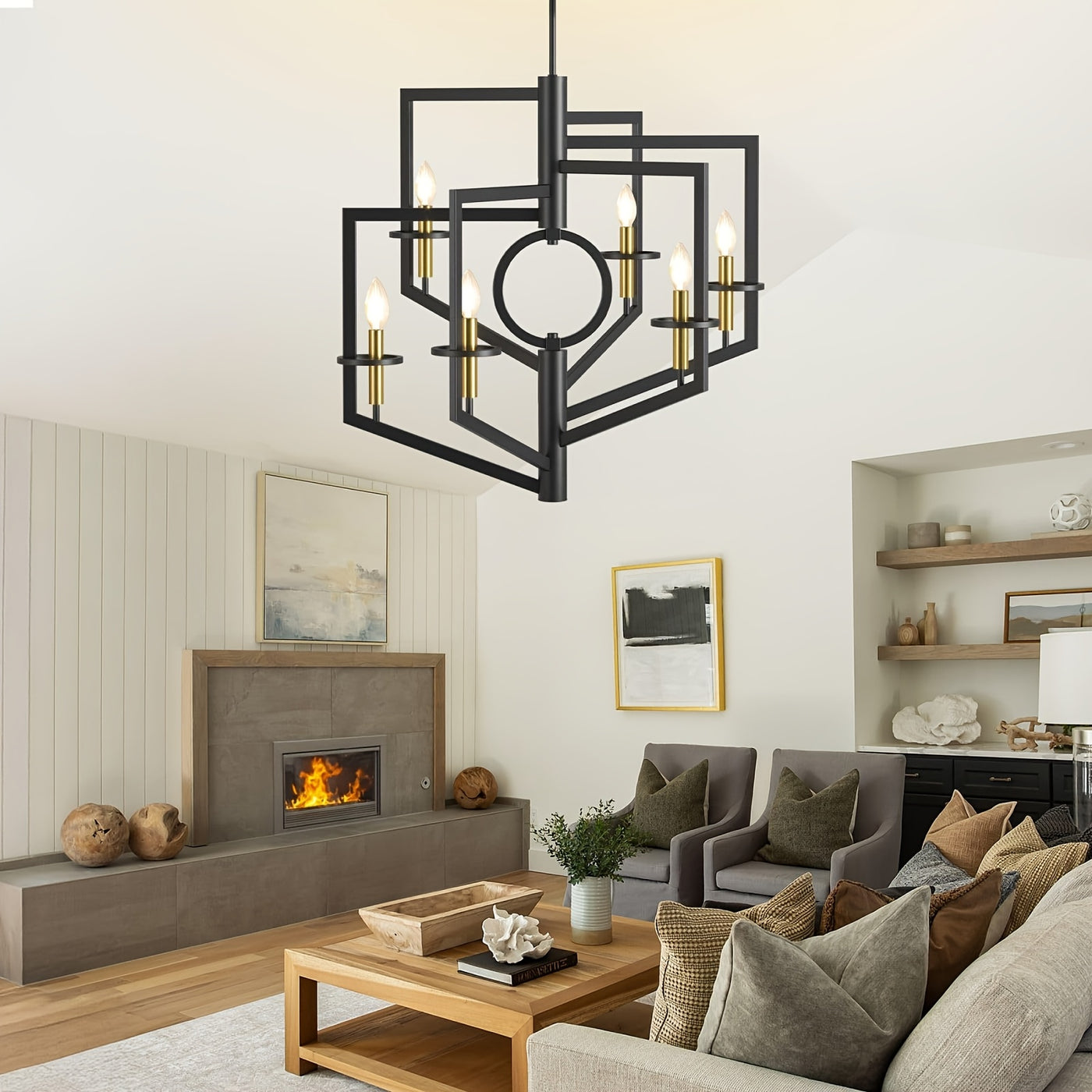 6-Light Black Chandelier for High Ceilings - Modern Adjustable Geometric Metal Fixture with Powder-Coated Finish, Semi-Flush Mount Entryway & Dining Room Lighting, E12 Bulb Compatible, No Assembly Required, Staircase Illumina