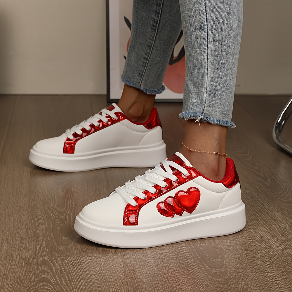 Casual Flat White Shoes, Versatile Korean Style for All Seasons, Harajuku Student Heart-Shaped Lace-Up Sneakers, Fashionable Lightweight Women'S Shoes, New Thick-Soled Platform Shoes.