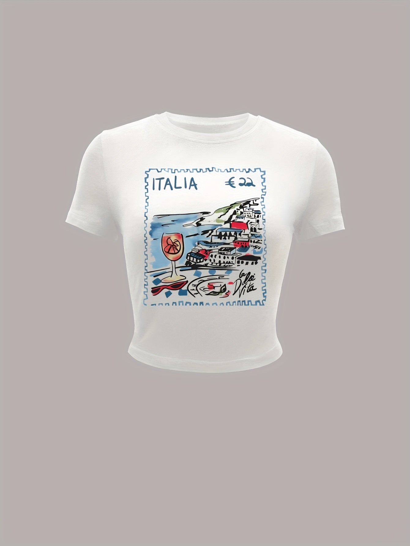 1pc Women's Y2K Graphic Print Crop Top - Italy Coastal Landscape & Letter Design, Slim Fit Round Neck Short Sleeve Tee, Machine Washable Summer Casual Top, Travel Clothing, Knotted Hem Style, Medium Elasticity