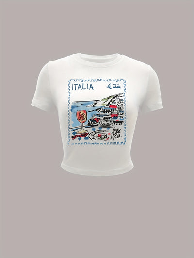 1pc Women's Y2K Graphic Print Crop Top - Italy Coastal Landscape & Letter Design, Slim Fit Round Neck Short Sleeve Tee, Machine Washable Summer Casual Top, Travel Clothing, Knotted Hem Style, Medium Elasticity