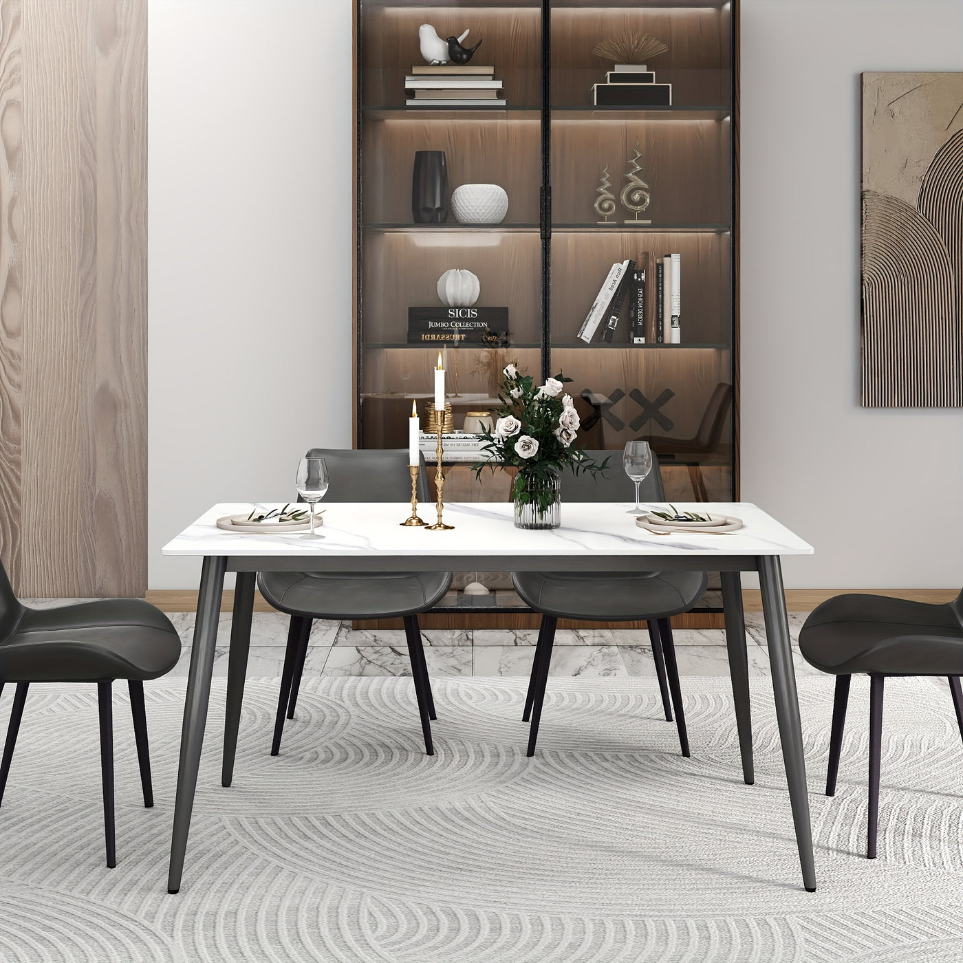 Modern White Sintered Stone Dining Table with Solid Carbon Steel Legs - Space-Saving Rectangular Table for Small Spaces, Easy Assembly, Scratch & Heat Resistant, 200lb Weight Capacity, Marble-Like Surface, Ideal for Apartment