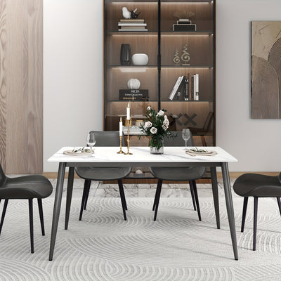 Modern White Sintered Stone Dining Table with Solid Carbon Steel Legs - Space-Saving Rectangular Table for Small Spaces, Easy Assembly, Scratch & Heat Resistant, 200lb Weight Capacity, Marble-Like Surface, Ideal for Apartment