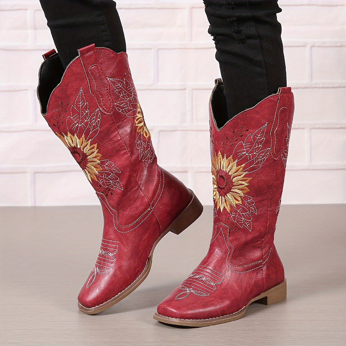 [Mid Calf Embroidered Western Boots] Women's Embroidered Mid Calf Western Boots, Faux Leather Fashion Boots, Women's Footwear