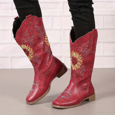 [Mid Calf Embroidered Western Boots] Women's Embroidered Mid Calf Western Boots, Faux Leather Fashion Boots, Women's Footwear