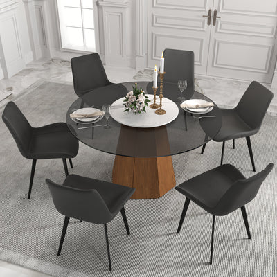 Glass Round Dining Table For 6-8, Modern Dining Table 59" Dining Room Table Round Black Glass Top With Solid Base For Kitchen