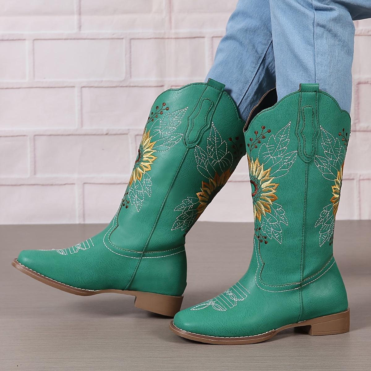 [Mid Calf Embroidered Western Boots] Women's Embroidered Mid Calf Western Boots, Faux Leather Fashion Boots, Women's Footwear