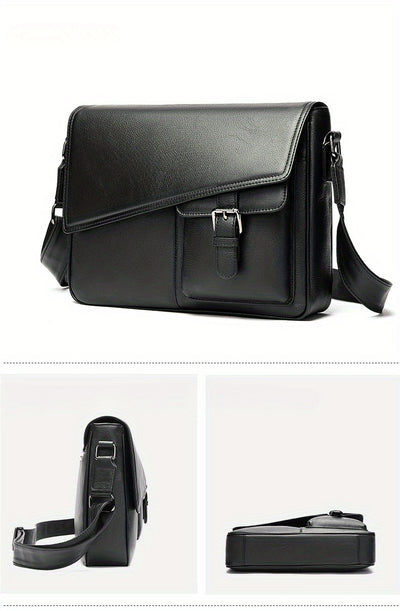 Genuine Leather Unisex Crossbody Messenger Bag - Sleek Minimalist Design with Adjustable Strap, Multiple Compartments & Metal Hardware, Black for Men & Women, Casual & Professional Use, Versatile Travel Purse | Korean Fashion