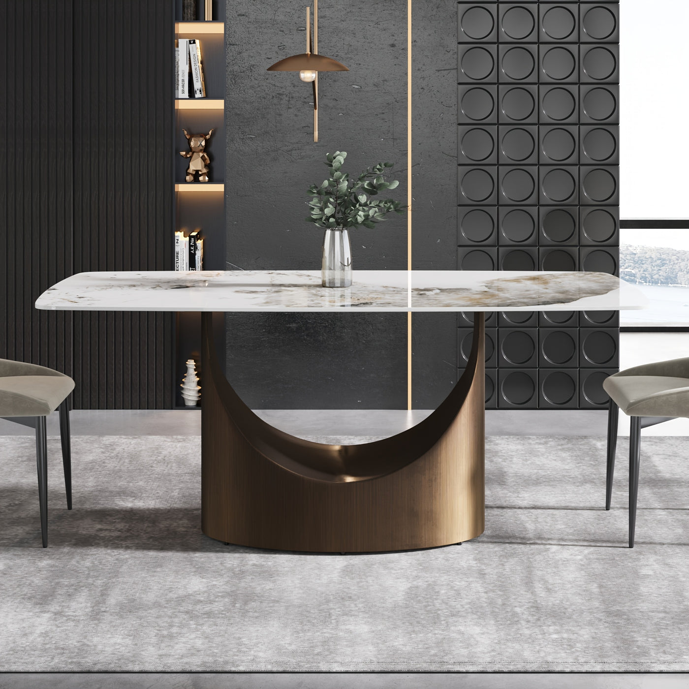 Modern Rectangle Marble Dining Table(Dining Table Only, Chairs Not Included), Marble Sintered Stone Top Dining Table, Rectangle Dining Room Table With Unique U-Shape Carbon Steel Pedestal For Kitchen/Living Room