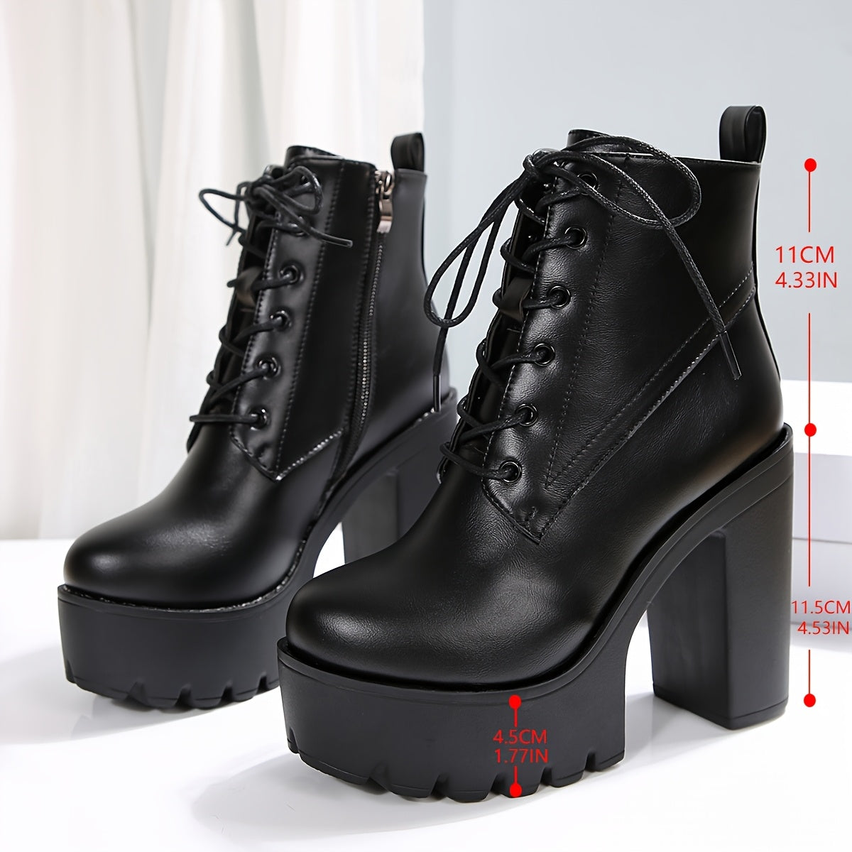 Women'S Chunky Heel Ankle Boots - Black PU Cover with Lace-Up Front & Side Zipper, Round Toe, Thick Sole for Stability, Versatile for Casual & Formal Outfits, High Heel Boots, Stability Footwear, Durable Tpr Sole