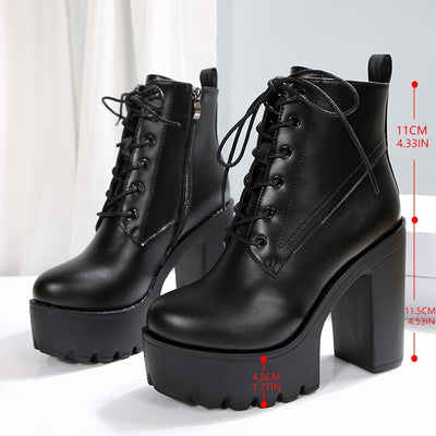 Women'S Chunky Heel Ankle Boots - Black PU Cover with Lace-Up Front & Side Zipper, Round Toe, Thick Sole for Stability, Versatile for Casual & Formal Outfits, High Heel Boots, Stability Footwear, Durable Tpr Sole