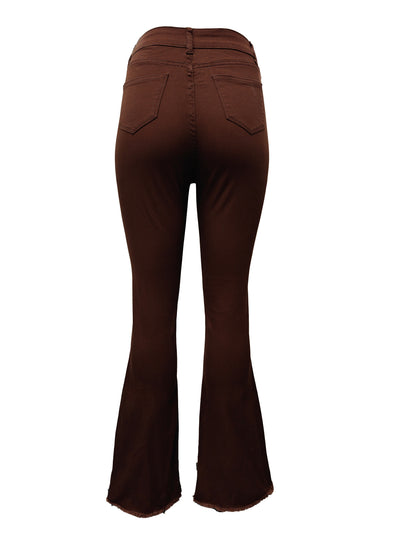 1pc Bohemian High-Waisted Ripped Flare Jeans for Women, Slim Fit, Brown Solid Denim, Frayed Hem, Casual Fashion, Korean Style, American-Inspired, All-Season, Woven, Washed, 68. 3%, 30. 2%, Spandex 1. 5%
