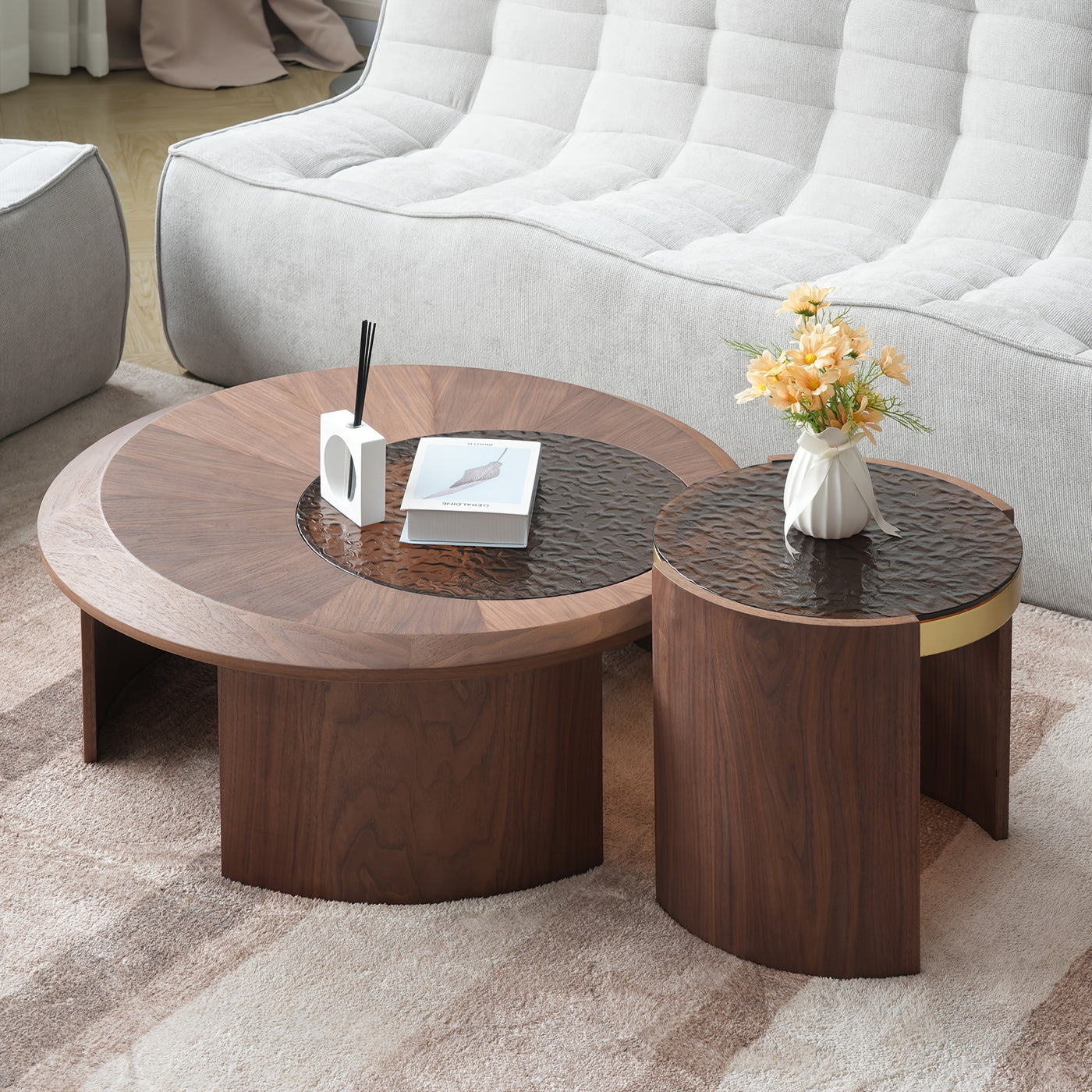 35, 43" Round Nesting Coffee Table Set 2, Mid Century Modern CoffeeTable Round Coffee Table, Walnut & Temper Glass Surface, Round Center Coffee Table for Living Room/Farmhouse/Office/Studio, Living Room Decor, Farmhouse Style