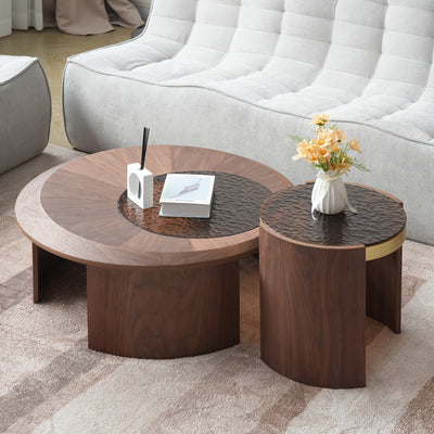 35, 43" Round Nesting Coffee Table Set 2, Mid Century Modern CoffeeTable Round Coffee Table, Walnut & Temper Glass Surface, Round Center Coffee Table for Living Room/Farmhouse/Office/Studio, Living Room Decor, Farmhouse Style