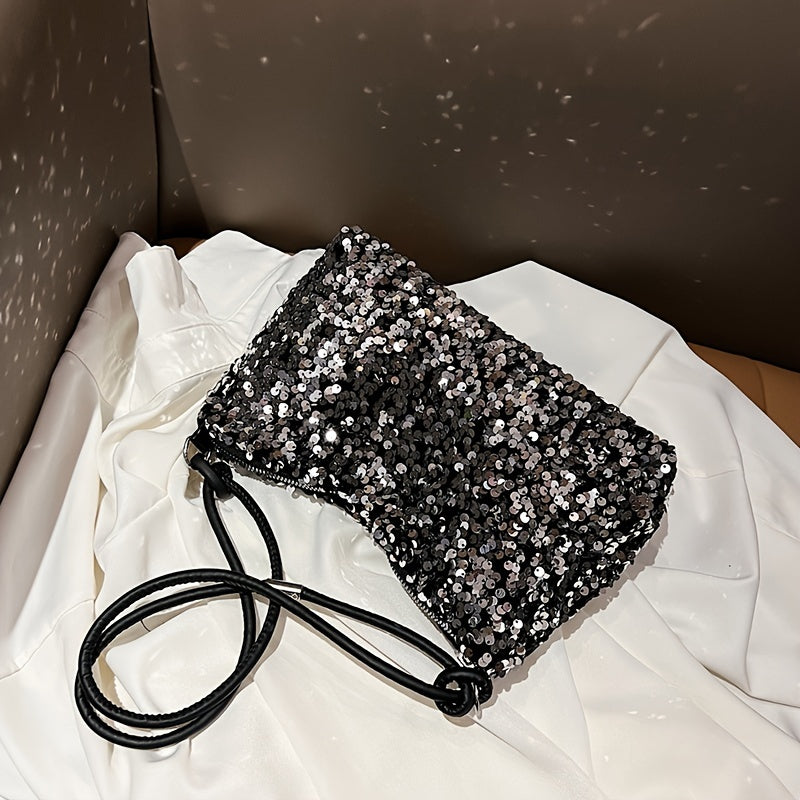 Urban Essentials, Chic Black Sequin Shoulder Bag for Women - Trendy Korean Style, Lightweight Nylon Handbag with Fixed Strap and Zip Closure, Polyester Lined