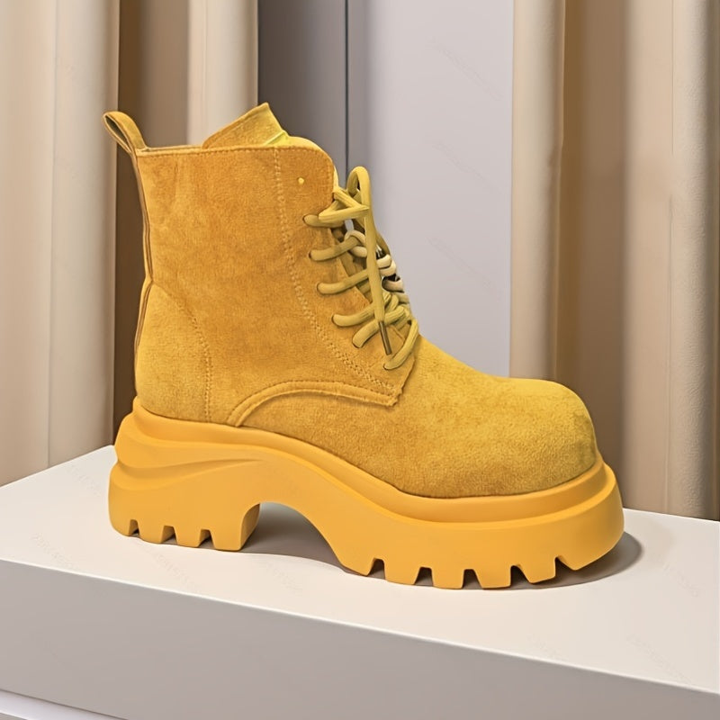 Women'S Chunky Platform Ankle Boots - Mustard Yellow Lace-Up Boots with Non-Slip Rubber Sole, Round Toe & Thick Heel for Casual & Formal Outfits - Spring/Fall Fashion Footwear, High Heel Boots, Versatile Footwear, Durable Con