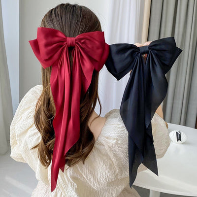Korean Style Fashion Large Red Bow Knot Fabric Hair Clip Women Long Ribbon Butterfly Hair Clip