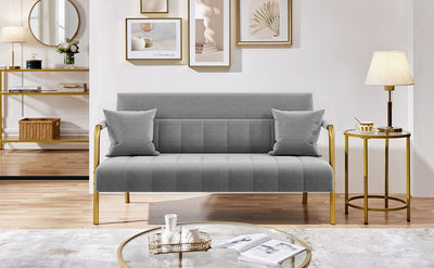 Costoffs Velvet Fabric Sofa Couch, 56.5″ W Modern Loveseat Couch with Gold-tone Metal Arms, Legs & 2 Pillows, Sofa for Living Room, Bedroom Furniture, Halloween Gift, Pink/Green/Gray