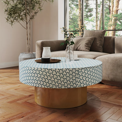 32.5" Round Coffee Table with 2 Large Drawers - Mid-Century Modern Living Room Center Table, Heavy-Duty Metal Construction, Easy Assembly, Golden Accent base for Small Spaces, Apartments, Offices - Space-Saving Storage Organi