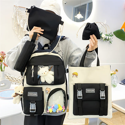 New Five-piece Backpack Korean Version Of The School Bag Women's Lightweight Harajuku Ins Casual Backpack Cute Bear Pendant Backpack