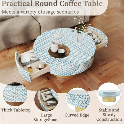 32.5" Round Coffee Table with 2 Large Drawers - Mid-Century Modern Living Room Center Table, Heavy-Duty Metal Construction, Easy Assembly, Golden Accent base for Small Spaces, Apartments, Offices - Space-Saving Storage Organi
