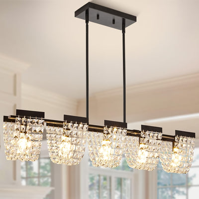 36" 5-Light Crystal Chandeliers For Dining Room, Modern Dining Room Light Fixture, Farmhouse Kitchen Island Lighting, Vintage Hanging Pendant Lights, Dining Chandelier Over Table