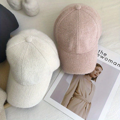 1pc Warm and Cozy Womens Autumn Winter Rabbit Fur Peaked Cap - Soft, Cute, Korean Fashion Baseball Style - White and Black Color Options