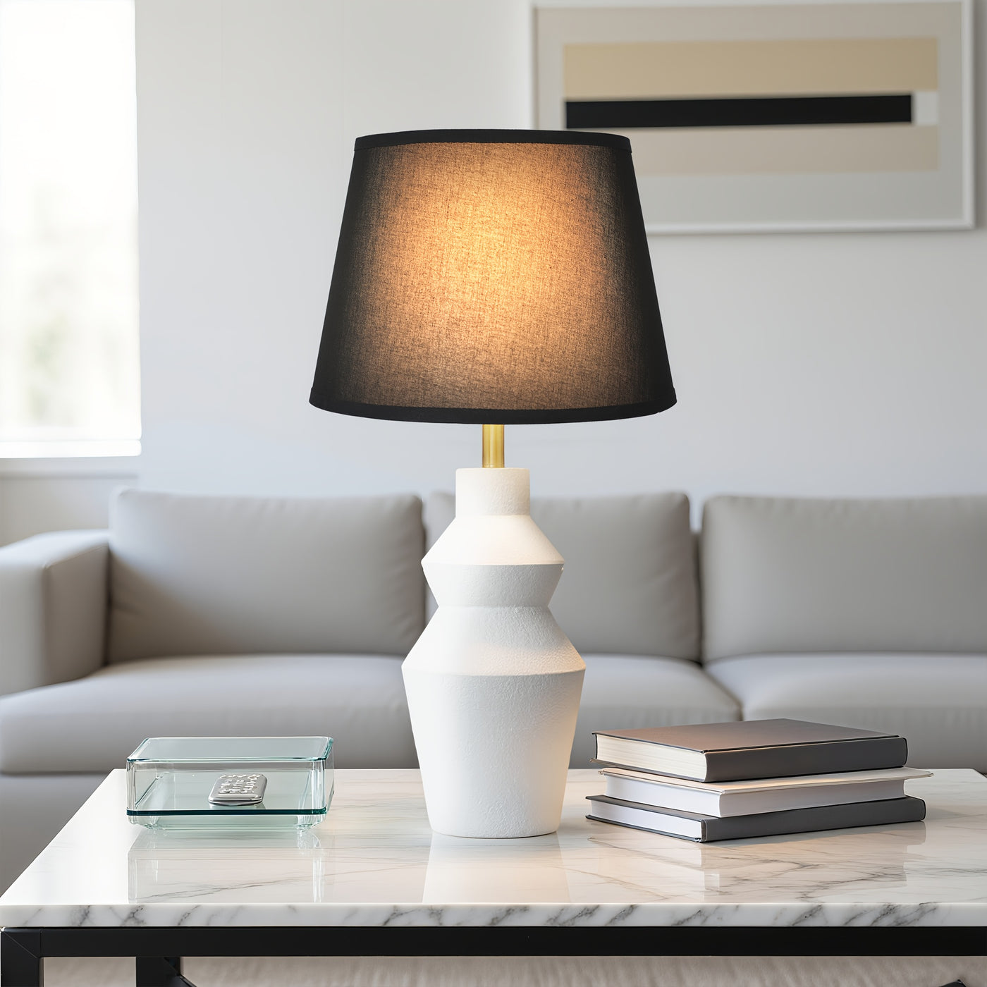 Modern Farmhouse Table Lamp with White Cement Base & Black Linen Shade - Rustic Single Bedside Lamp with Switch, Sturdy for Bedroom, Living Room, Office - Compatible with E27 (Bulb Not Included) - Ideal Housewarming Gift, Min