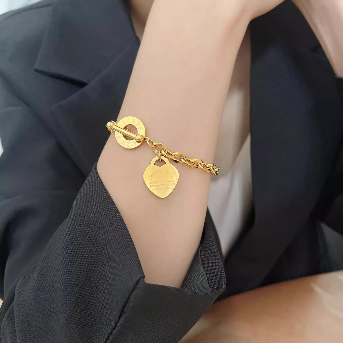 Korean Y2K Retro Stainless Steel Gold Plated Chain Heart Pendant Bracelet For Women Party Jewelry Set Beautiful Gifts