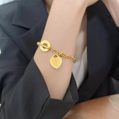 Korean Y2K Retro Stainless Steel Gold Plated Chain Heart Pendant Bracelet For Women Party Jewelry Set Beautiful Gifts