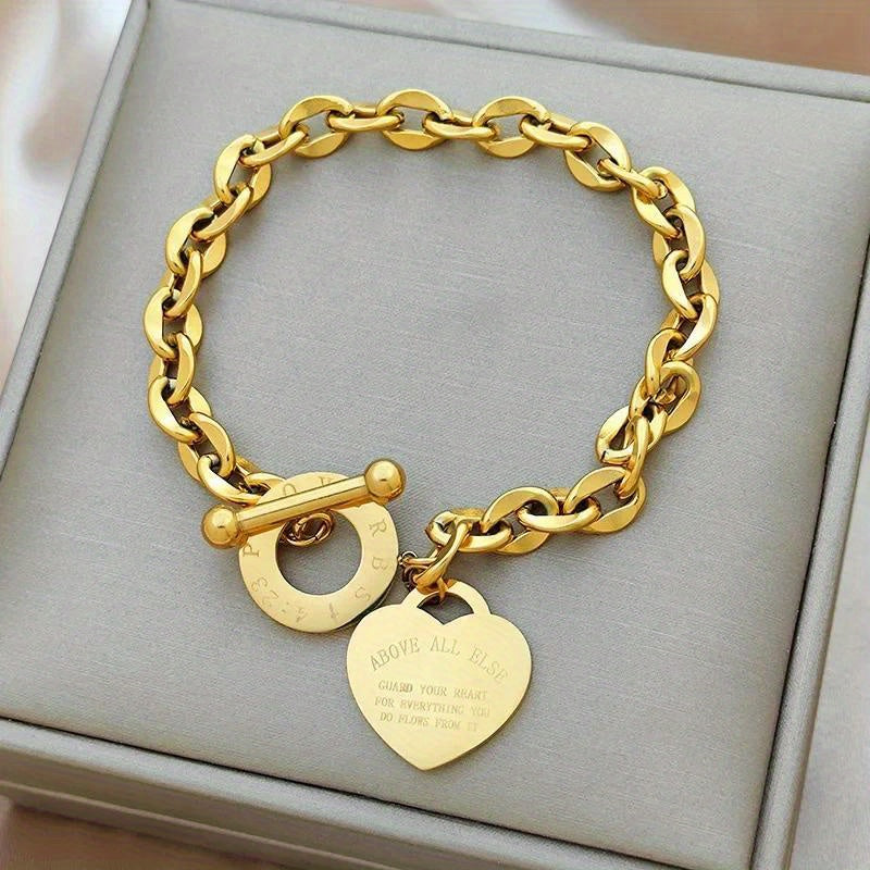 Korean Y2K Retro Stainless Steel Gold Plated Chain Heart Pendant Bracelet For Women Party Jewelry Set Beautiful Gifts