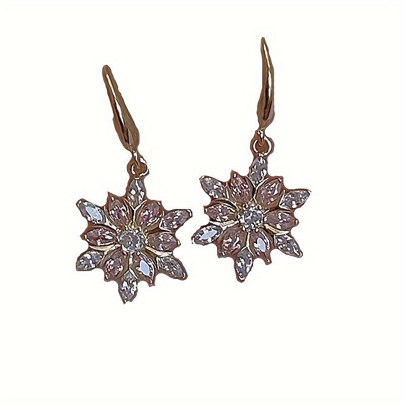 1 Pair Exquisite Snowflake Drop Earrings - Drop & Dangle - Pinkish Crystal Accents, Alloy Construction, Korean Style Fashion Jewelry for Women, Ideal Christmas Gift Idea, Sparkling Crystal Drops, Elegant Winter Accessories