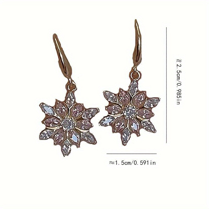 1 Pair Exquisite Snowflake Drop Earrings - Drop & Dangle - Pinkish Crystal Accents, Alloy Construction, Korean Style Fashion Jewelry for Women, Ideal Christmas Gift Idea, Sparkling Crystal Drops, Elegant Winter Accessories