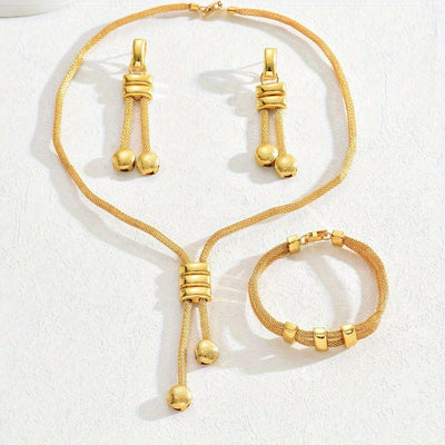 4PCS a set of 18K gold plated stainless steel double round hollowed necklace earrings bracelet 4 sets of INS personalized retro Korean fashion trend assorted gifts daily street commuter party to celebrate the holiday party we
