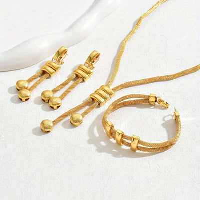 4PCS a set of 18K gold plated stainless steel double round hollowed necklace earrings bracelet 4 sets of INS personalized retro Korean fashion trend assorted gifts daily street commuter party to celebrate the holiday party we