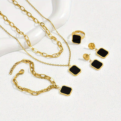 5PCS set of Golden jewelry 18K gold-plated black shell square necklace earrings jewelry ring set INS personality retro Korean fashion trend Joker gift daily street commuting party to celebrate the holiday party to wear.