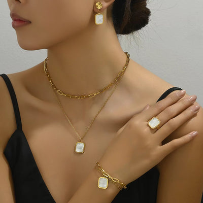 5PCS set of Golden jewelry 18K gold-plated black shell square necklace earrings jewelry ring set INS personality retro Korean fashion trend Joker gift daily street commuting party to celebrate the holiday party to wear.