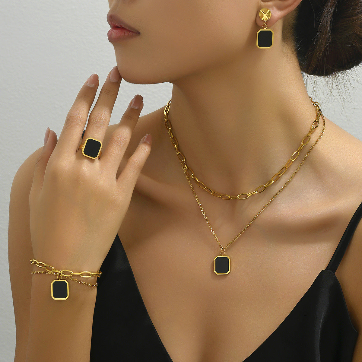 5PCS set of Golden jewelry 18K gold-plated black shell square necklace earrings jewelry ring set INS personality retro Korean fashion trend Joker gift daily street commuting party to celebrate the holiday party to wear.