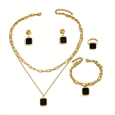 5PCS set of Golden jewelry 18K gold-plated black shell square necklace earrings jewelry ring set INS personality retro Korean fashion trend Joker gift daily street commuting party to celebrate the holiday party to wear.