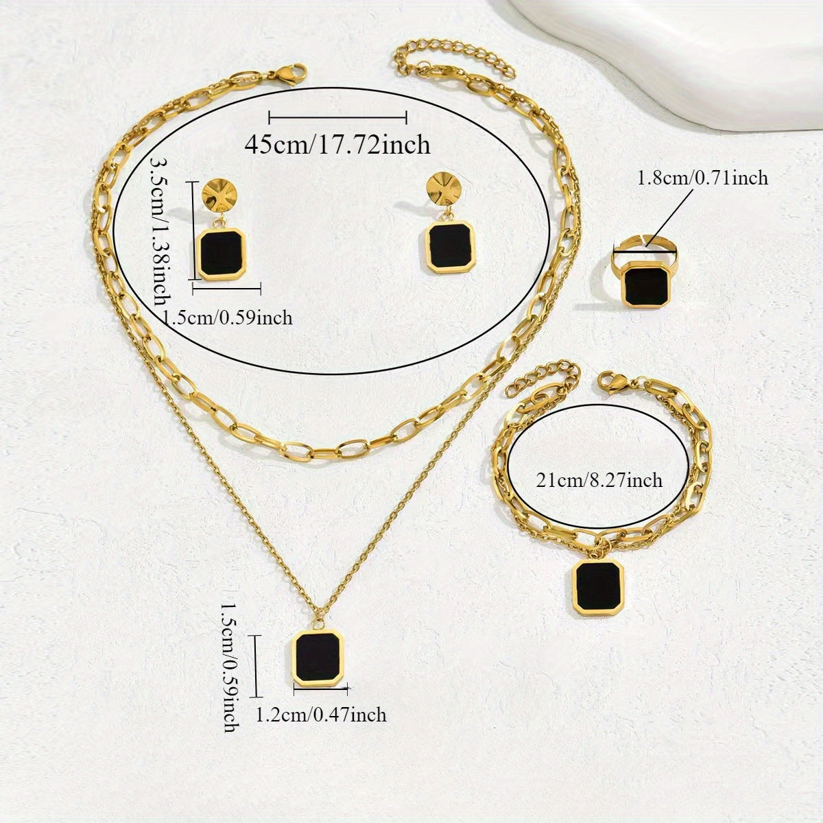 5PCS set of Golden jewelry 18K gold-plated black shell square necklace earrings jewelry ring set INS personality retro Korean fashion trend Joker gift daily street commuting party to celebrate the holiday party to wear.