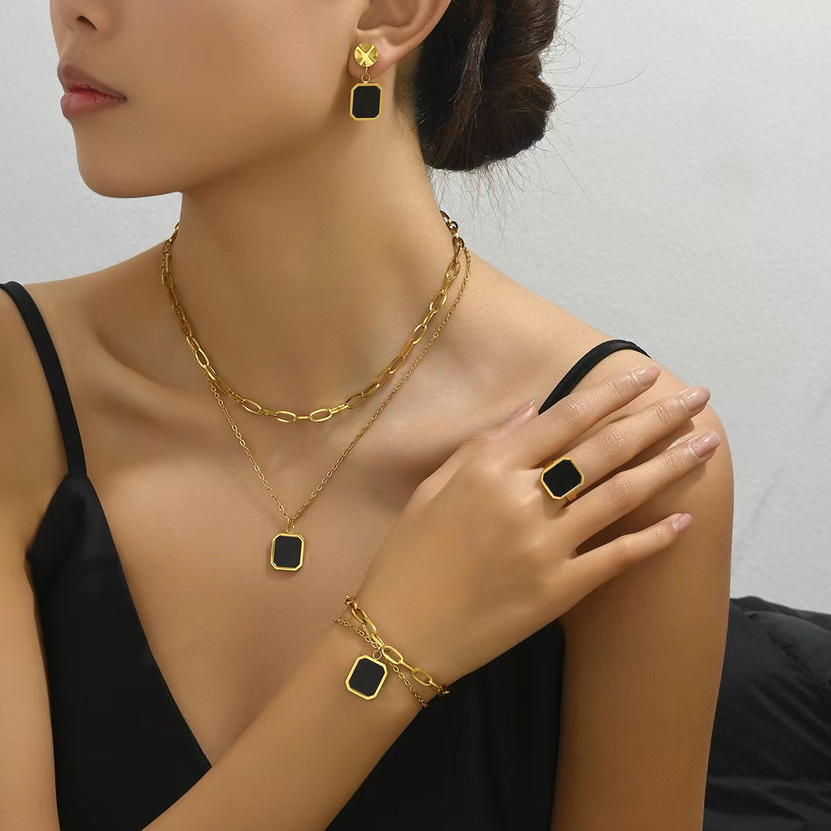 5PCS set of Golden jewelry 18K gold-plated black shell square necklace earrings jewelry ring set INS personality retro Korean fashion trend Joker gift daily street commuting party to celebrate the holiday party to wear.